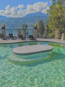 Halcyon hot springs lazy river over looking Arrow Lake